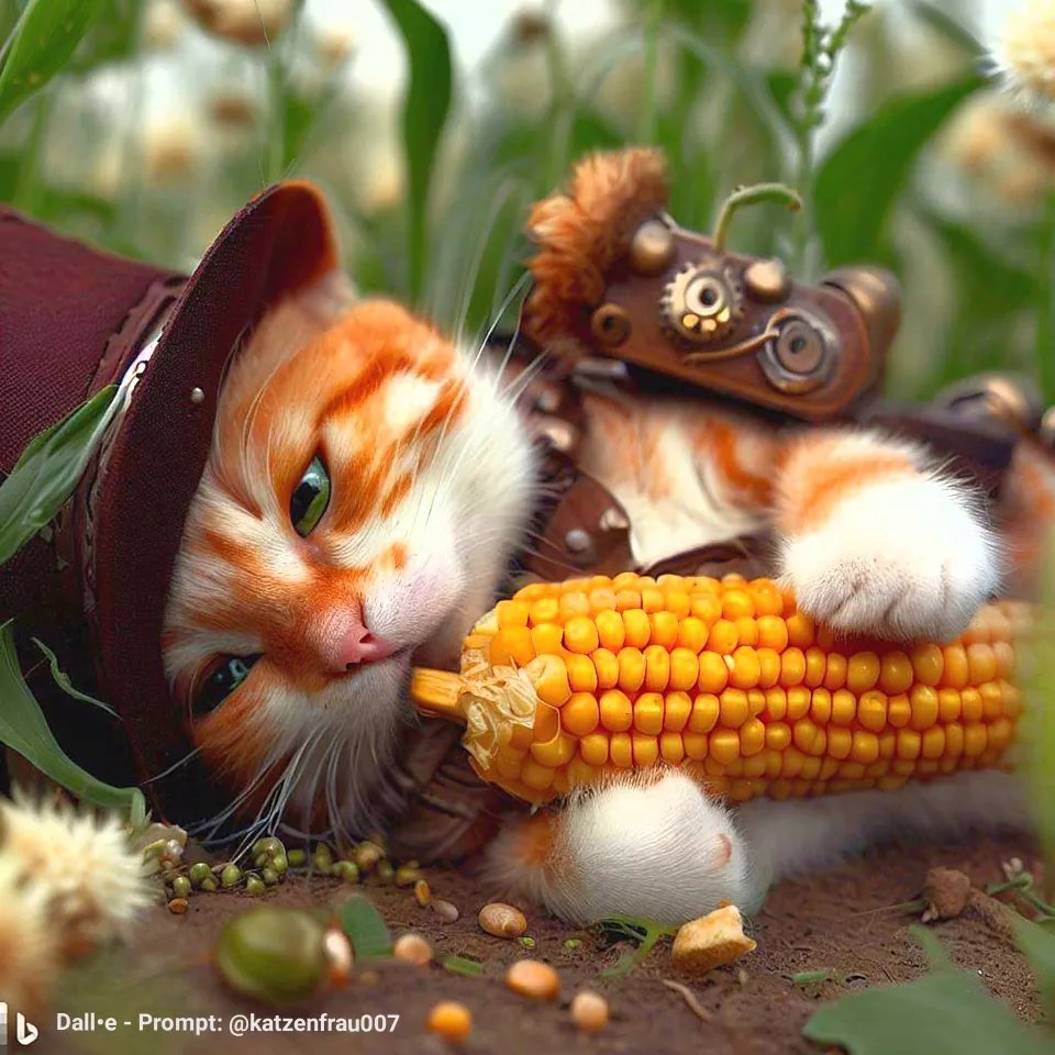 A kitty with hat, hugging a corn. Digital art by: katzenfrau007