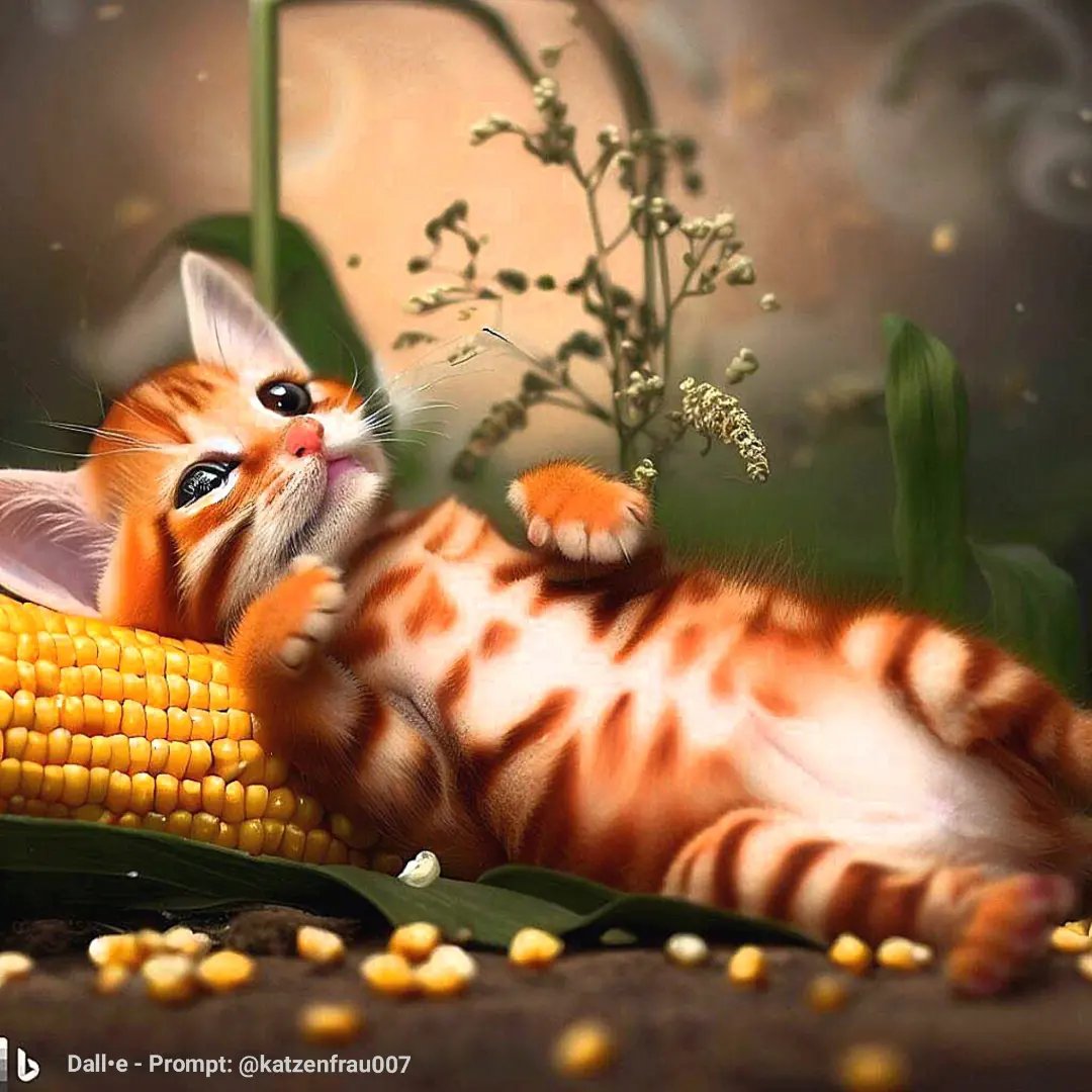 An orange cute cat resting with a corn. Digital art by Katzenfrau007
